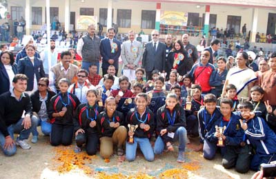 Winners posing alongwith the dignitaries during concluding ceremony of 60th National School Games in Jammu. -Excelsior/Rakesh Winners posing alongwith the dignitaries during concluding ceremony of 60th National School Games in Jammu. -Excelsior/Rakesh