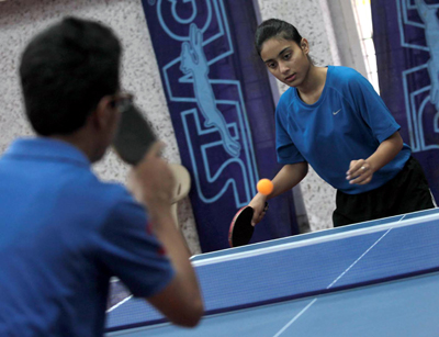 Peddler executing a fore hand shot during a match of Jammu District Open Table Tennis Championship in Jammu. -Excelsior/Rakesh Peddler executing a fore hand shot during a match of Jammu District Open Table Tennis Championship in Jammu. -Excelsior/Rakesh