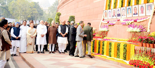 Vice President Hamid Ansari,Prime Minister Narendra Modi,Lok Sabha Speaker Sumitra Mahajan and others pose for a photograph after paying their homage to Parliament attack martyrs on its 13th anniversary in New Delhi on Saturday. (UNI) Vice President Hamid Ansari,Prime Minister Narendra Modi,Lok Sabha Speaker Sumitra Mahajan and others pose for a photograph after paying their homage to Parliament attack martyrs on its 13th anniversary in New Delhi on Saturday. (UNI)
