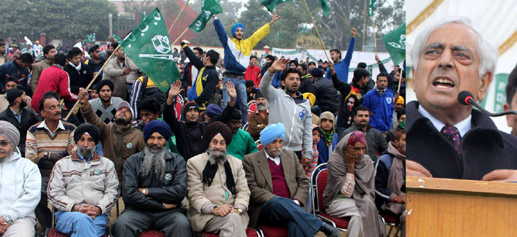 PDP patron Mufti Mohammad Sayeed addressing a public meeting at Gandhi Nagar on Thursday. —Excelsior/Rakesh