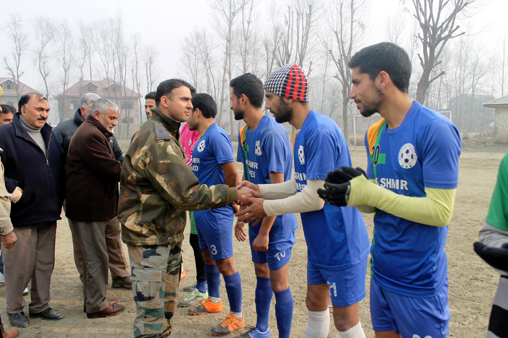 Dignitaries interacting with footballers during one-off match of Pampore Flood Victims Memorial Cup Football. Dignitaries interacting with footballers during one-off match of Pampore Flood Victims Memorial Cup Football.