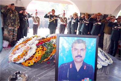 Chief of Army Staff, General Dalbir Singh paying last respects to martyred Col M.N. Rai, in New Delhi on Thursday. (UNI) Chief of Army Staff, General Dalbir Singh paying last respects to martyred Col M.N. Rai, in New Delhi on Thursday. (UNI)