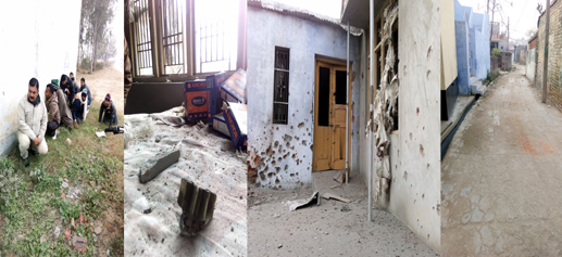 People taking shelter behind a wall, a shell which fell inside a house, damaged house and isolated border area in Samba sector on Monday. —Excelsior/Gautam