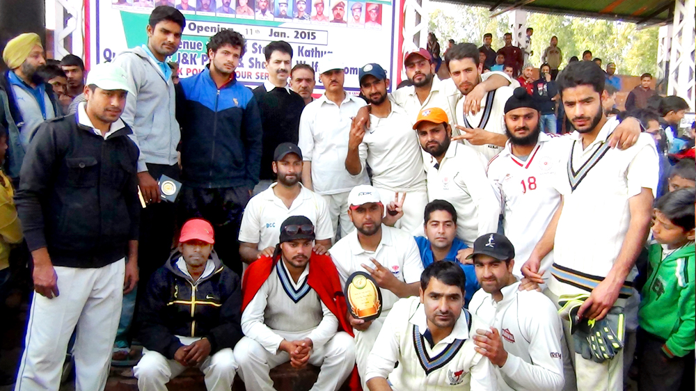 Winners posing for a group photograph during 5th Police Martyrs Memorial North Zone Inter Club T20 Cricket Championship at Sports Stadium in Kathua on Sunday. Winners posing for a group photograph during 5th Police Martyrs Memorial North Zone Inter Club T20 Cricket Championship at Sports Stadium in Kathua on Sunday.