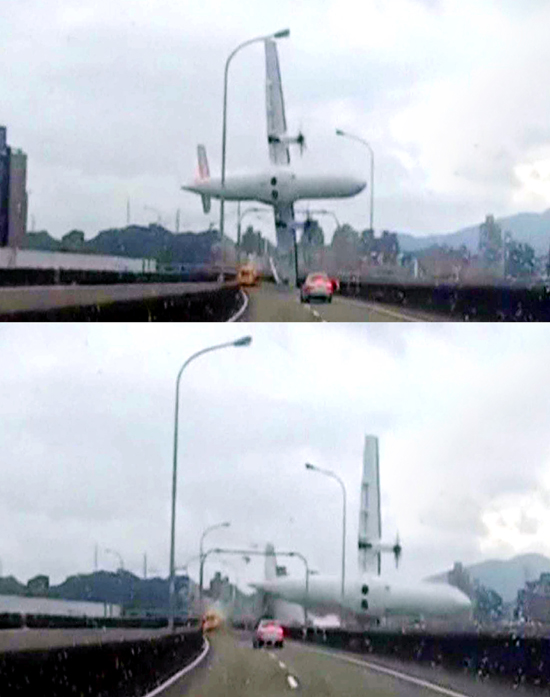 A combination photo shows still images taken from an amateur video shot by a motorist of a TransAsia Airways plane cartwheeling over a motorway soon after the turboprop ATR 72-600 aircraft took off in New Taipei City on Wednesday. (UNI). A combination photo shows still images taken from an amateur video shot by a motorist of a TransAsia Airways plane cartwheeling over a motorway soon after the turboprop ATR 72-600 aircraft took off in New Taipei City on Wednesday. (UNI).