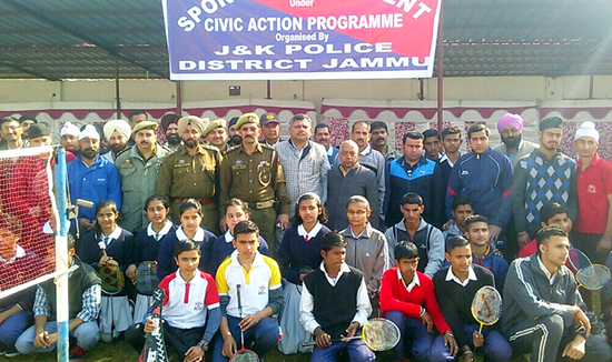 Young shuttlers posing along with dignitaries during inaugural function of Badminton Tournament at RS Pura. Young shuttlers posing along with dignitaries during inaugural function of Badminton Tournament at RS Pura.