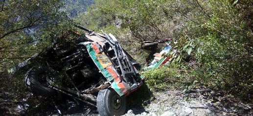 Ill-fated mini-bus after accident at Marog area in district Ramban on Jammu-Srinagar National Highway. -Excelsior/Pervaiz