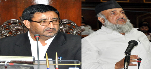 Newly elected Chairman, Haji Inayat Ali and Deputy Chairman of Legislative Council Jehangir Mir after taking charge of their posts on Sunday. -Excelsior/Rakesh