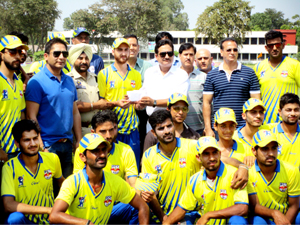 Jubilant BCC Bulls team posing for a group photograph after scripting a convincing win over JKP Tigers XI during the match of PPCPL in Jammu on Sunday. Jubilant BCC Bulls team posing for a group photograph after scripting a convincing win over JKP Tigers XI during the match of PPCPL in Jammu on Sunday.