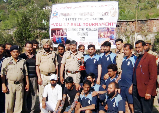 Winners of Volleyball Tournament posing for a group photograph along with the dignitaries at Manjakote on Wednesday. Winners of Volleyball Tournament posing for a group photograph along with the dignitaries at Manjakote on Wednesday.