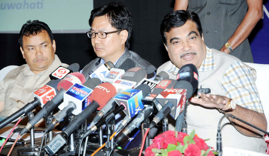 Union Minister for Road Transport & Highways and Shipping, Nitin Gadkari addressing a press conference after completing his three day visit to Arunachal Pradesh, Assam and Meghalaya, in Guwahati, Assam on Saturday. Union Minister for Road Transport & Highways and Shipping, Nitin Gadkari addressing a press conference after completing his three day visit to Arunachal Pradesh, Assam and Meghalaya, in Guwahati, Assam on Saturday.