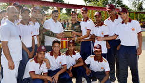 Winner of North Zone Inter Sainik Schools Sports Meet receiving trophy from MP Jugal Kishore Sharma. Winner of North Zone Inter Sainik Schools Sports Meet receiving trophy from MP Jugal Kishore Sharma.