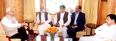 National Conference delegation interacting with Governor N N Vohra on Wednesday. National Conference delegation interacting with Governor N N Vohra on Wednesday.