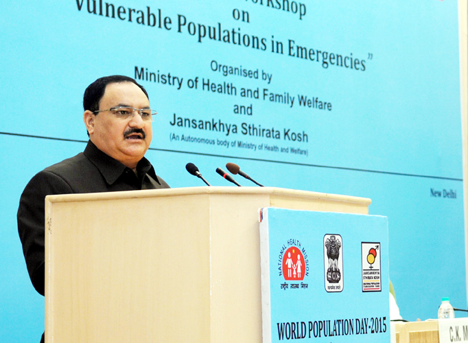 Union Minister for Health & Family Welfare, J.P. Nadda addressing at the National Workshop on the theme “Vulnerable Population in Emergencies” organised by the MoHFW in collaboration with Jansankhya Sthirata Kosh, on the occasion of World Population Day, in New Delhi on Saturday. Union Minister for Health & Family Welfare, J.P. Nadda addressing at the National Workshop on the theme “Vulnerable Population in Emergencies” organised by the MoHFW in collaboration with Jansankhya Sthirata Kosh, on the occasion of World Population Day, in New Delhi on Saturday.