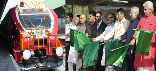 Railways Minister Suresh Prabhu, MoS Railways Manoj Sinha, Chief Minister Mufti Mohammad Sayeed, Deputy Chief Minister Dr Nirmal Singh and others flagging off four new train services at Nowgam, Srinagar on Thursday. -Excelsior/Amin War Railways Minister Suresh Prabhu, MoS Railways Manoj Sinha, Chief Minister Mufti Mohammad Sayeed, Deputy Chief Minister Dr Nirmal Singh and others flagging off four new train services at Nowgam, Srinagar on Thursday. -Excelsior/Amin War