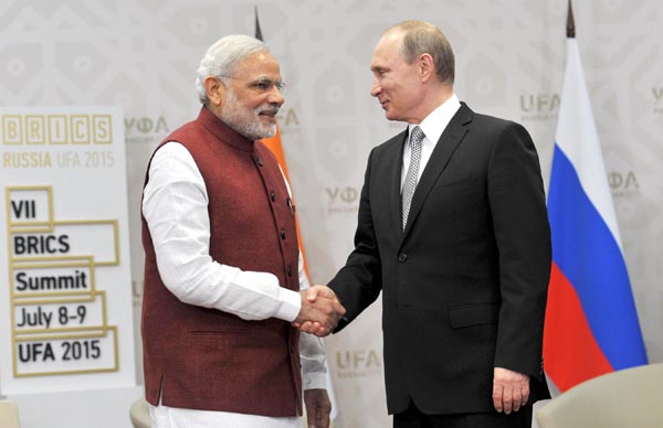 Prime Minister Narendra Modi in bilateral meeting with President of Russian Federation, Vladimir Putin at Congress Hall in Ufa, Russia on Wednesday.(UNI)
