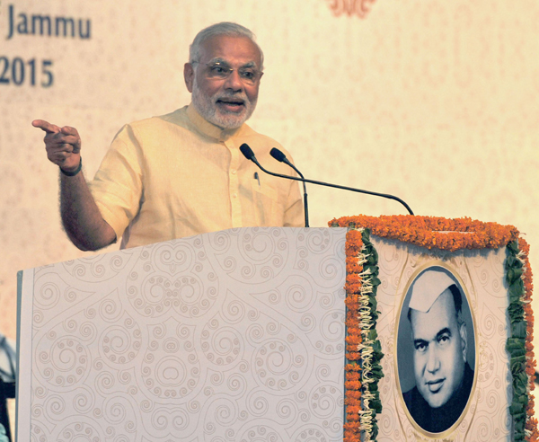 Prime Minister Narendra Modi addressing a function to mark the birth centenary of veteran Congress leader Girdhari Lal Dogra, in Jammu University on Friday. (UNI) Prime Minister Narendra Modi addressing a function to mark the birth centenary of veteran Congress leader Girdhari Lal Dogra, in Jammu University on Friday. (UNI)