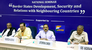 Union Minister Dr Jitendra Singh, flanked by Union Minister Narendra Singh Tomar and thinker-idealogue Indresh Kumar, participating in the National Seminar on Border States. Union Minister Dr Jitendra Singh, flanked by Union Minister Narendra Singh Tomar and thinker-idealogue Indresh Kumar, participating in the National Seminar on Border States.