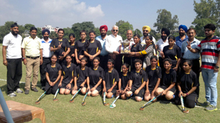 Winners of Inter Collegiate Women Hockey Tournament posing alongwith chief guest, Dhian Singh Bhau in Jammu on Thursday. Winners of Inter Collegiate Women Hockey Tournament posing alongwith chief guest, Dhian Singh Bhau in Jammu on Thursday.