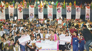 Medal winners of State Speedball Championship posing alongwith chief guest, special guest and a galaxy of dignitaries in Jammu on Monday. Medal winners of State Speedball Championship posing alongwith chief guest, special guest and a galaxy of dignitaries in Jammu on Monday.