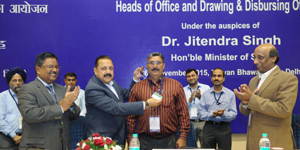 Minister of State for Development of North Eastern Region (I/C) and Prime Minister’s Office Dr Jitendra Singh presenting the Pensioners I Card to Central Civil Retirees, at the inauguration of the Awareness Workshop on the online pension Sanction and Payment Tracking System ‘Bhavishya’, in New Delhi on Thursday. (UNI) Minister of State for Development of North Eastern Region (I/C) and Prime Minister’s Office Dr Jitendra Singh presenting the Pensioners I Card to Central Civil Retirees, at the inauguration of the Awareness Workshop on the online pension Sanction and Payment Tracking System ‘Bhavishya’, in New Delhi on Thursday. (UNI)