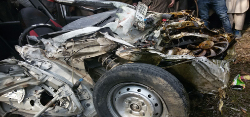 Wreckage of car which met with an accident in Ganderbal on Monday. Wreckage of car which met with an accident in Ganderbal on Monday.