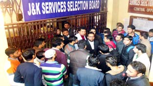 NSUI activists during a protest in front of Central office of JKSSB at Bahu Plaza in Jammu. NSUI activists during a protest in front of Central office of JKSSB at Bahu Plaza in Jammu.