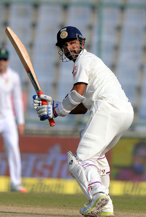 Ajinkya Rahane plays a shot against South Africa, on the second day of the fourth test match between the two countries in New Delhi on Friday. (UNI) Ajinkya Rahane plays a shot against South Africa, on the second day of the fourth test match between the two countries in New Delhi on Friday. (UNI)