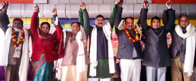 BJP leaders during a rally at Akhnoor on Monday. BJP leaders during a rally at Akhnoor on Monday.
