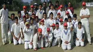 Budding cricketers posing for a group photograph alongwith the chief guest, Ankush Abrol, Member BCCI during inaugural ceremony of Inter-School Tournament at MGCA in Jammu. Budding cricketers posing for a group photograph alongwith the chief guest, Ankush Abrol, Member BCCI during inaugural ceremony of Inter-School Tournament at MGCA in Jammu.