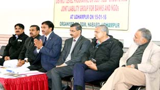 Dignitaries during a sensitization programme on JLGs and SHGs organized by NABARD at Udhampur on Friday. Dignitaries during a sensitization programme on JLGs and SHGs organized by NABARD at Udhampur on Friday.