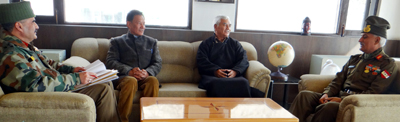 CEC Dr Sonam Dawa Lonpo, MP Thupstan Chhewang and GOC 14 Corps Lieutenant General SK Patyal during meeting at Leh. CEC Dr Sonam Dawa Lonpo, MP Thupstan Chhewang and GOC 14 Corps Lieutenant General SK Patyal during meeting at Leh.
