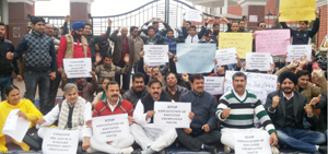 NPP leaders and workers staging protest outside PSC office in Jammu on Thursday. NPP leaders and workers staging protest outside PSC office in Jammu on Thursday.