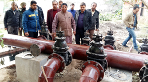 MLA Sat Sharma and officials of ERA inspecting water pipes laying work. MLA Sat Sharma and officials of ERA inspecting water pipes laying work.
