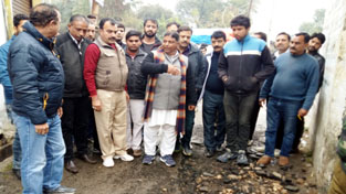 BJP state president, Sat Sharma inspecting developmental works in Patoli on Friday. BJP state president, Sat Sharma inspecting developmental works in Patoli on Friday.
