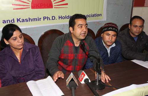 Representatives of J&K PhD Holders Association addressing media persons in Jammu on Thursday. -Excelsior/Rakesh Representatives of J&K PhD Holders Association addressing media persons in Jammu on Thursday. -Excelsior/Rakesh