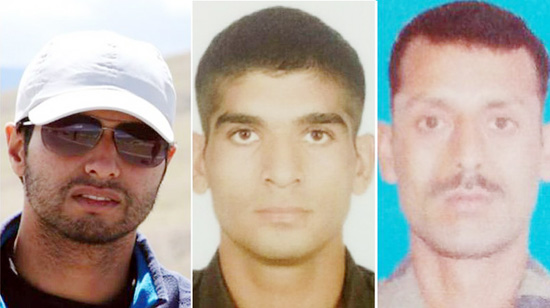 From Left- Capt Tushar Mahajan, Capt Pawan Kumar and Lance Naik Om Parkash, who attained martyrdom while fighting militants at Pampore in Pulwama district on Sunday. From Left- Capt Tushar Mahajan, Capt Pawan Kumar and Lance Naik Om Parkash, who attained martyrdom while fighting militants at Pampore in Pulwama district on Sunday.