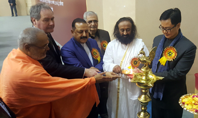 Union Minister Dr Jitendra Singh, Sri Sri Ravishankar, MoS Home, Kiren Rijiju and British MP Bob Blackwell lighting the traditional lamp to formally inaugurate a seminar held at Vigyan Bhawan, New Delhi on Saturday. Union Minister Dr Jitendra Singh, Sri Sri Ravishankar, MoS Home, Kiren Rijiju and British MP Bob Blackwell lighting the traditional lamp to formally inaugurate a seminar held at Vigyan Bhawan, New Delhi on Saturday.