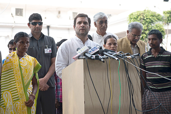 Congress Vice President Rahul Gandhi addressing Tribal representatives from Chhattisgarh at AICC headquarters in New Delhi on Monday. (UNI) Congress Vice President Rahul Gandhi addressing Tribal representatives from Chhattisgarh at AICC headquarters in New Delhi on Monday. (UNI)