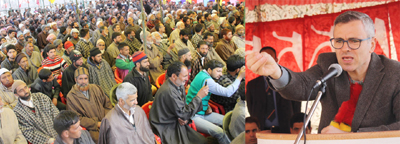 NC working president, Omar Abdullah addressing public meeting in Shopian on Wednesday. -Excelsior/ Younis Khaliq NC working president, Omar Abdullah addressing public meeting in Shopian on Wednesday. -Excelsior/ Younis Khaliq