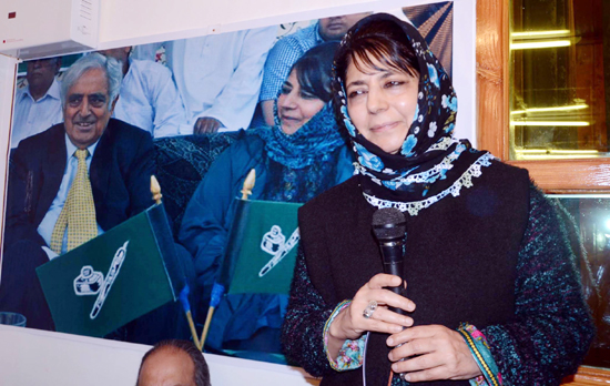 PDP president Mehbooba Mufti addressing party leaders after she was elected as its Chief Ministerial candidate at Fair View Gupkar in Srinagar on Thursday. (UNI)