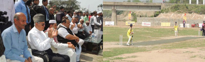 Former Chief Minister, Dr Farooq Abdullah witnessing a match of Maruti Suzuki Nagrota Premier League Tournament at Bajalta in Jammu on Sunday. Former Chief Minister, Dr Farooq Abdullah witnessing a match of Maruti Suzuki Nagrota Premier League Tournament at Bajalta in Jammu on Sunday.
