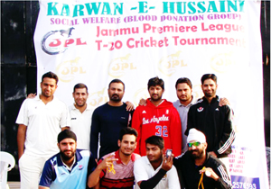 Players of Simula Cricket Club posing for group photograph after thrashing Young Cricket Club in Jammu on Friday. Players of Simula Cricket Club posing for group photograph after thrashing Young Cricket Club in Jammu on Friday.
