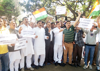 NPP activists staging protest in Jammu on Monday. -Excelsior/ Rakesh NPP activists staging protest in Jammu on Monday. -Excelsior/ Rakesh