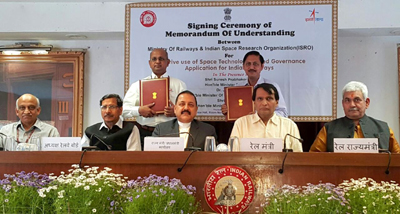 Union Railway Minister, Suresh Prabhu and Union MoS Space, Dr Jitendra Singh at the signing ceremony of MoU between Ministry of Railways and ISRO at New Delhi. Also seen in picture are MoS Railways Manoj Sinha, Chairman ISRO Kiran Kumar and Chairman Railway Board A. K. Mittal. Union Railway Minister, Suresh Prabhu and Union MoS Space, Dr Jitendra Singh at the signing ceremony of MoU between Ministry of Railways and ISRO at New Delhi. Also seen in picture are MoS Railways Manoj Sinha, Chairman ISRO Kiran Kumar and Chairman Railway Board A. K. Mittal.