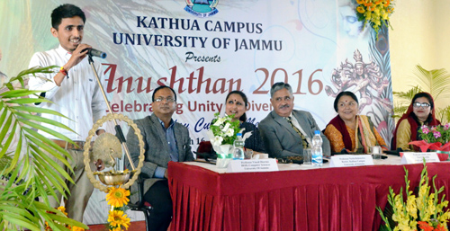 A participating student displaying his talent during Anushthan 2016 by Kathua Campus on Wednesday. A participating student displaying his talent during Anushthan 2016 by Kathua Campus on Wednesday.
