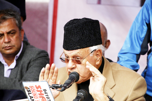 NC president Dr Farooq Abdullah addressing party workers in Anantnag on Thursday.— Excelsior/Sajad Dar NC president Dr Farooq Abdullah addressing party workers in Anantnag on Thursday.— Excelsior/Sajad Dar