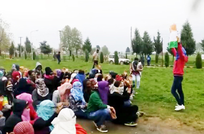Female students raising slogans and shouting ‘Bharat Mata Ki Jai’ at NIT campus in Srinagar on Wednesday. Female students raising slogans and shouting ‘Bharat Mata Ki Jai’ at NIT campus in Srinagar on Wednesday.