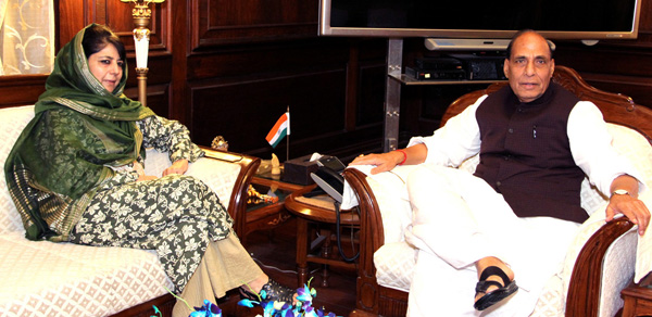Chief Minister Mehbooba Mufti in a meeting with Union Home Minister Rajnath Singh in New Delhi on Tuesday. Another pic on page 6. Chief Minister Mehbooba Mufti in a meeting with Union Home Minister Rajnath Singh in New Delhi on Tuesday. Another pic on page 6.