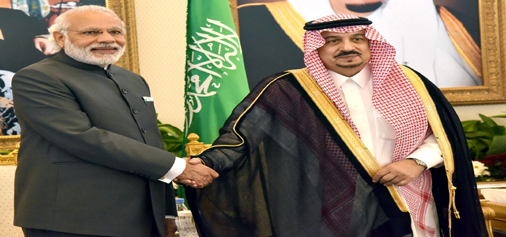 Prime Minister Narendra Modi being received by the Governor of Riyadh Faisal bin Bandar bin Abdulaziz Al Saud on his arrival, in Royal Terminal, Riyadh, Saudi Arabia. (UNI) Prime Minister Narendra Modi being received by the Governor of Riyadh Faisal bin Bandar bin Abdulaziz Al Saud on his arrival, in Royal Terminal, Riyadh, Saudi Arabia. (UNI)